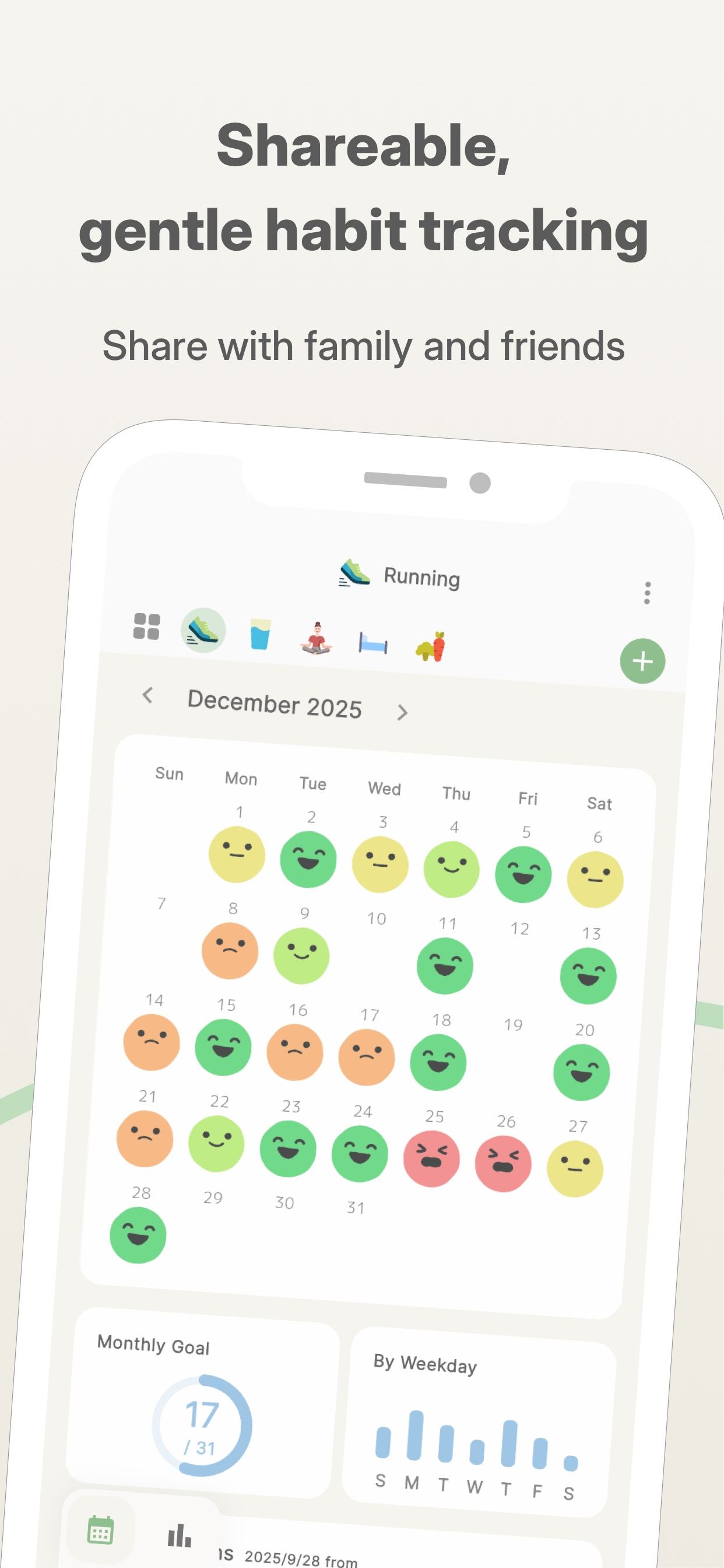 Habitomo shared habit tracker calendar with stamps, shared with family and friends
