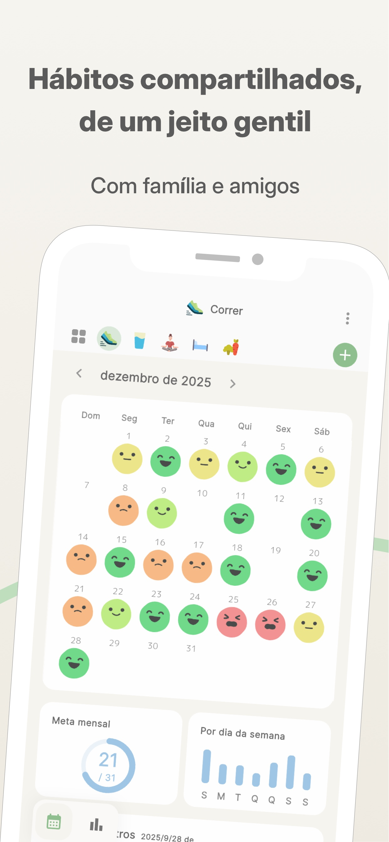 Calendário de hábitos do Habitomo cheio de selos, compartilhável com família e amigos